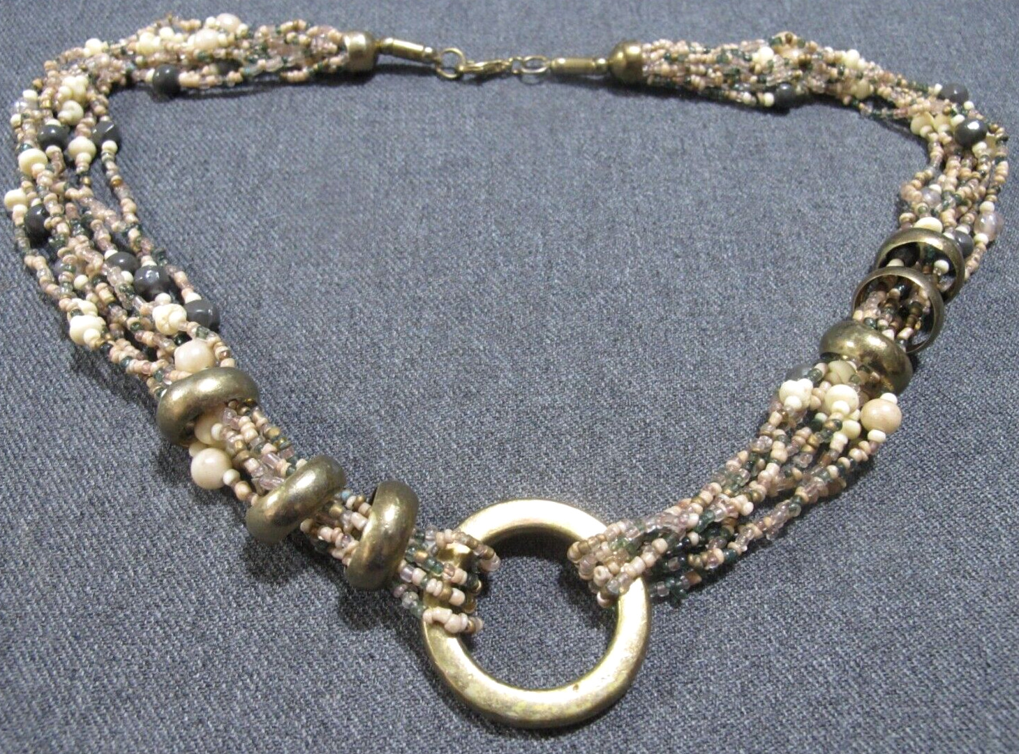 Vintage boho goldtone metal rings multi strands glass beaded collar necklace