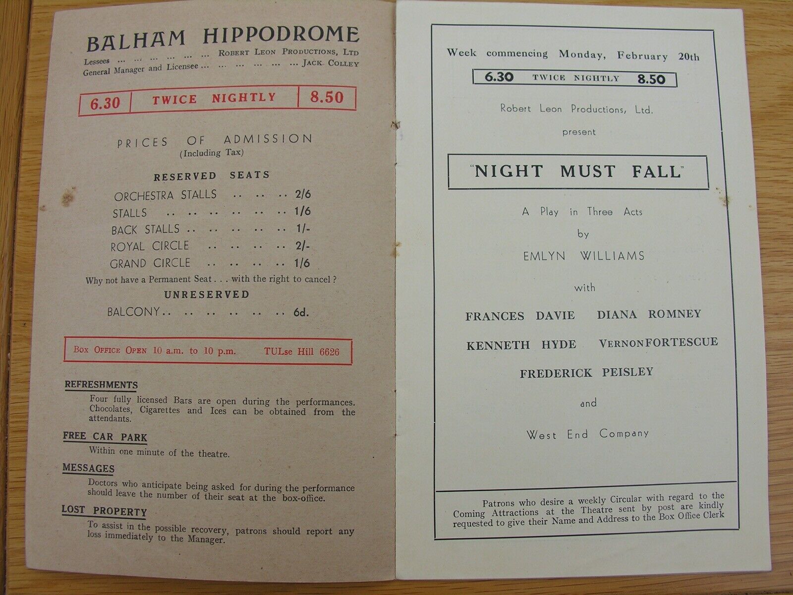 1939 NIGHT MUST FALL Emlyn Williams BALHAM HIPPODROME Frances Davie Diana Romney