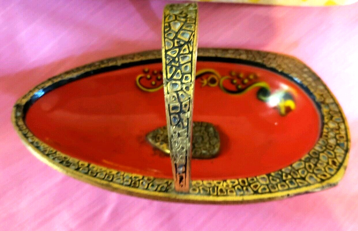 Antique Footed Handle Brass & Red Glazed Ceramic Dish Made in Israel-Jerusalem 