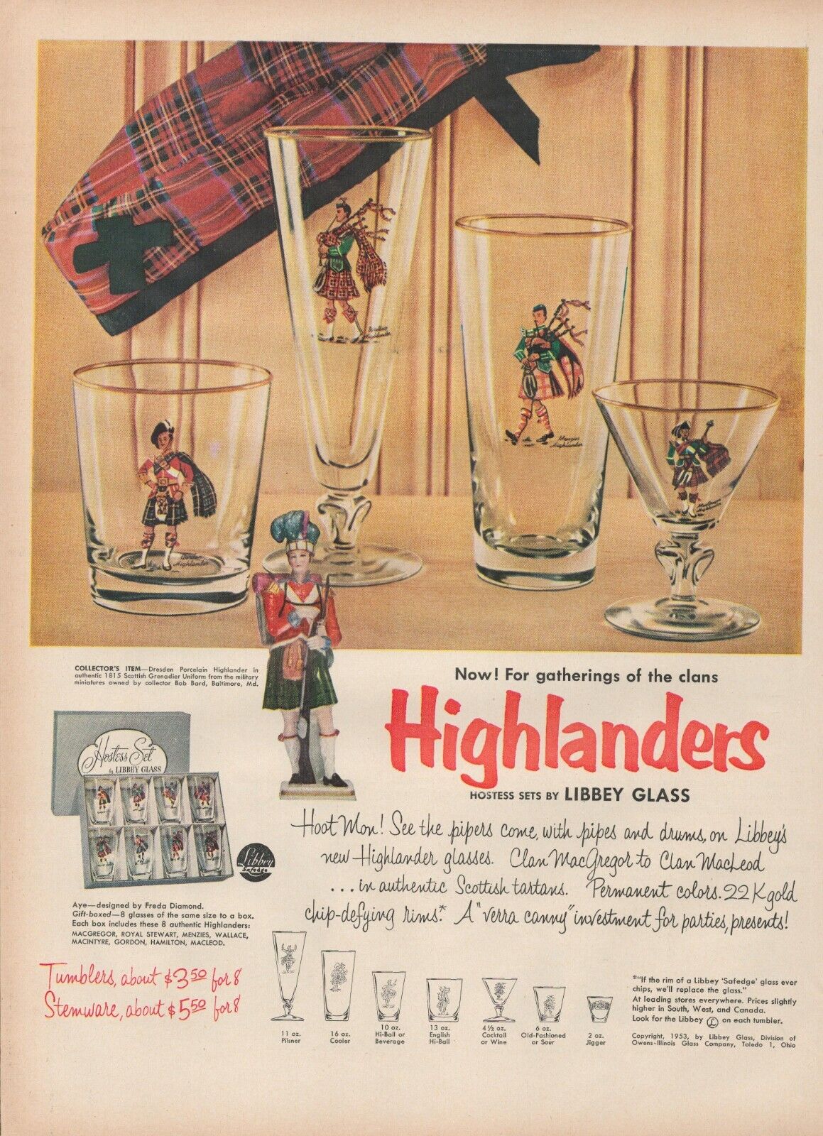 1955 Highlanders Hostess Set Libbey Glass Collector Freda Diamond Clans Print Ad