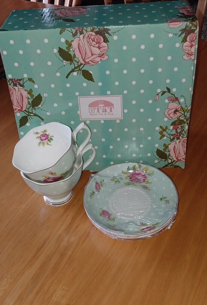 Brew To A Tea BTaT 2pc Floral And Polka Dot Tea Cups And Saucers