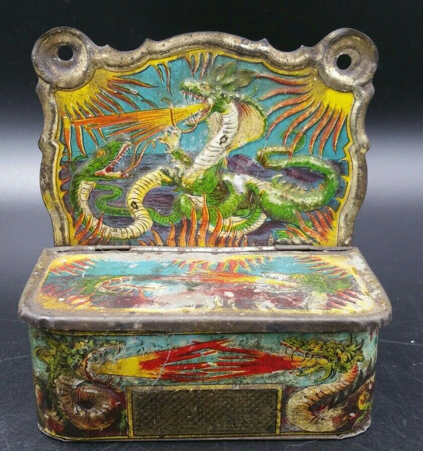 Rare Antique Tin Fire Breathing Dragons/Serpents Match Holder/Safe c. 1880-1910