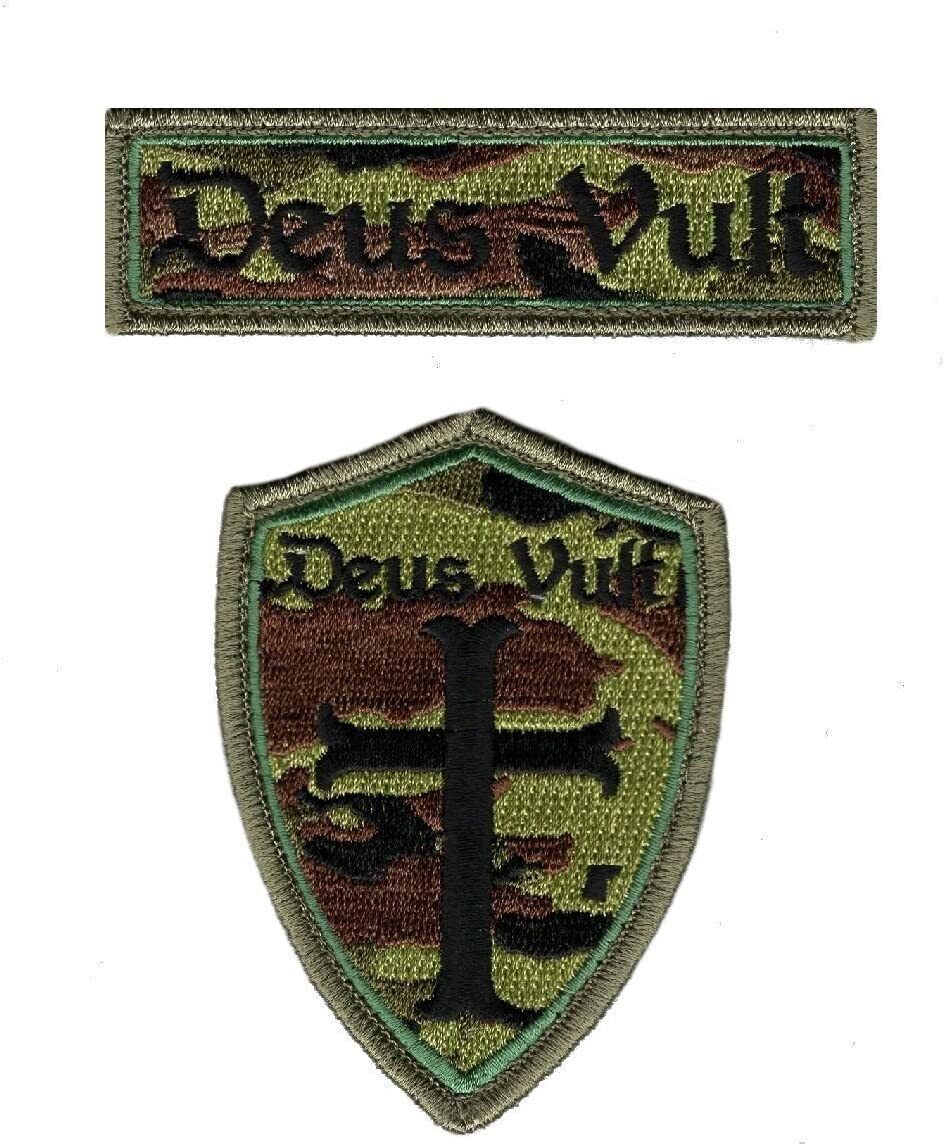 Deus Vult Cross Shield Christian Templar Knight in God Wills Hook Patch 2pc Camo