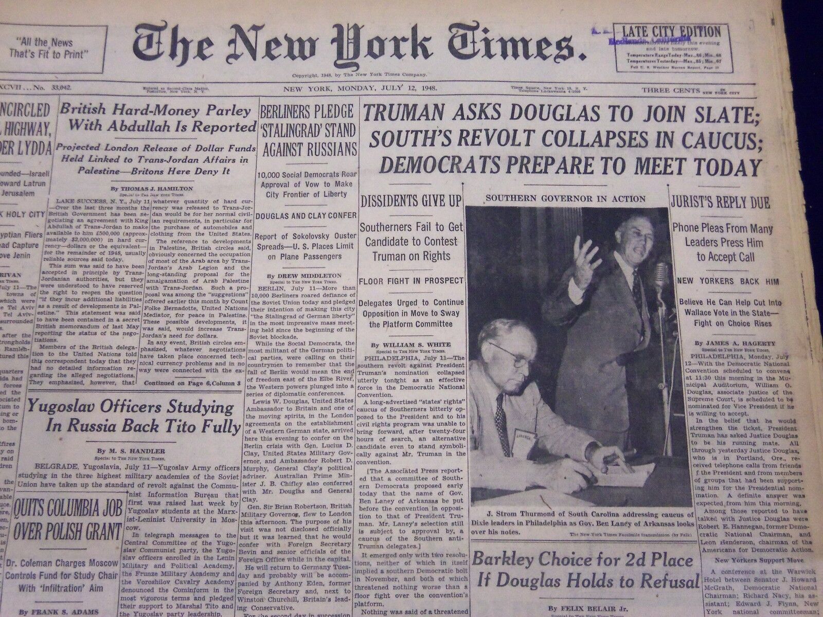 1948 JUL 12 NEW YORK TIMES NEWSPAPER - TRUMAN ASKS DOUGLAS JOIN TO SLATE - NT 19