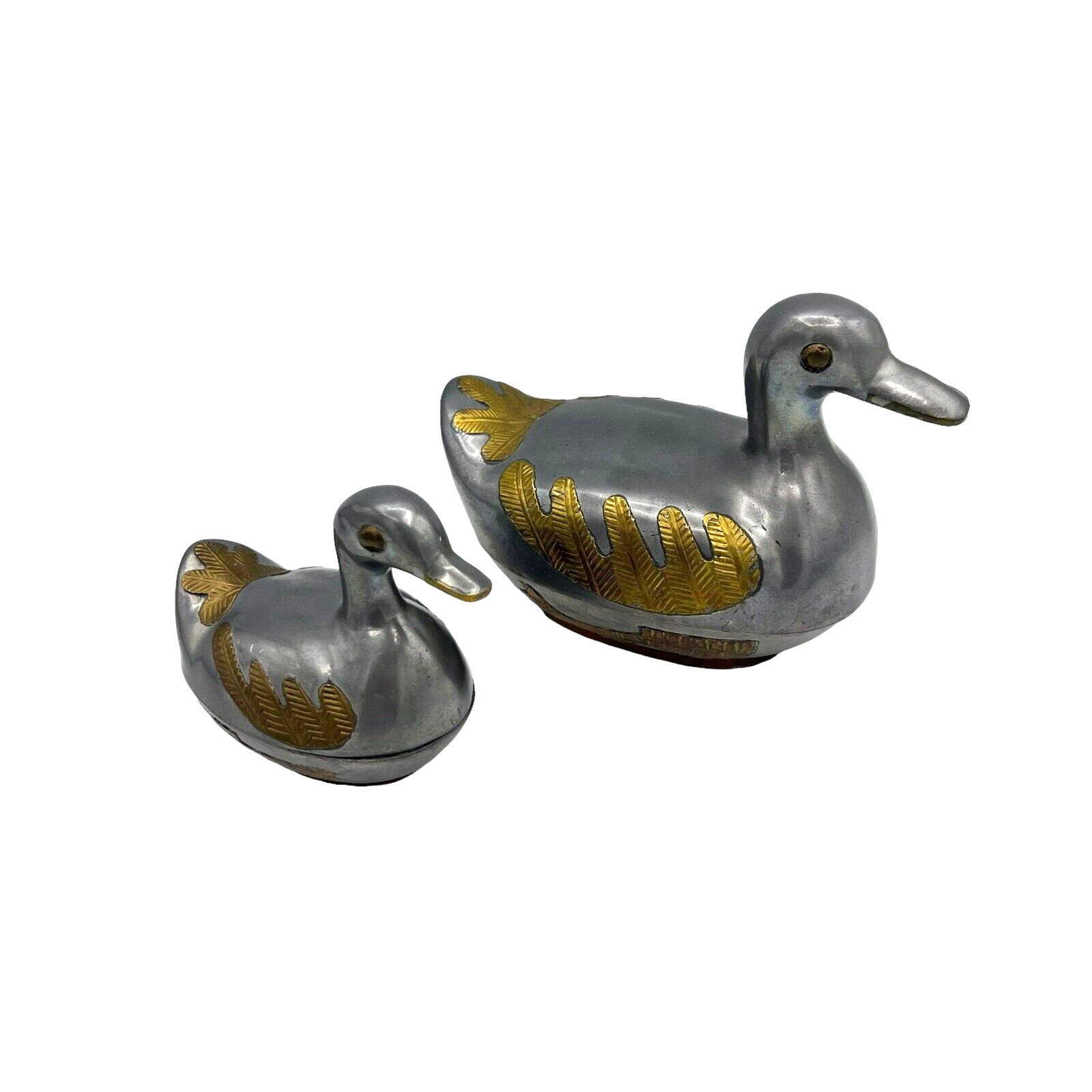 Set of 2 Metal Cast Pewter Brass Duck Decorative Trinket Jewelry Boxes Hong Kong