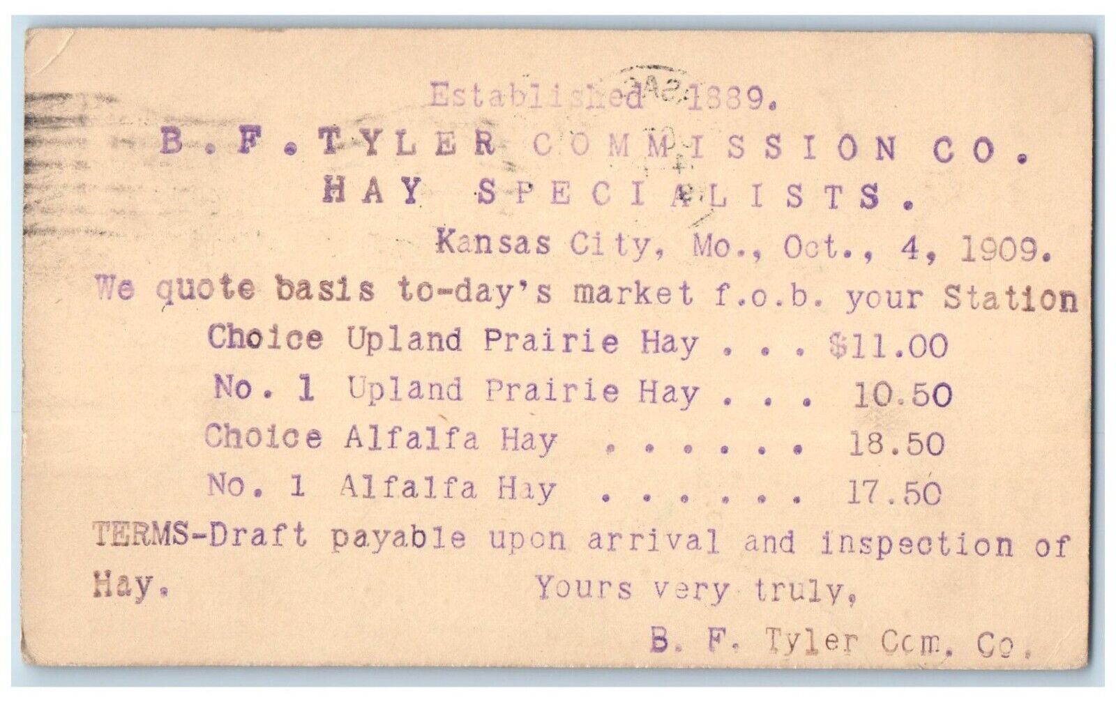 1909 B.F. Tyler Commission Co. Hay Specialists Kansas City MO Postal Card