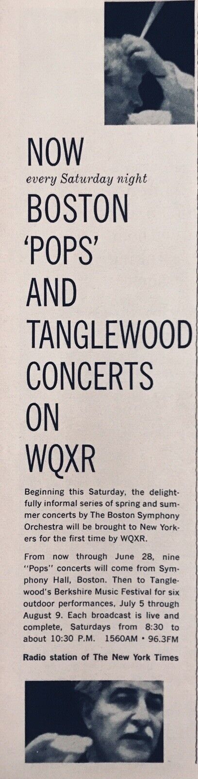 1958 WQXR Radio NYC AD Boston Pops Vtg original Tanglewood Concerts PROMO