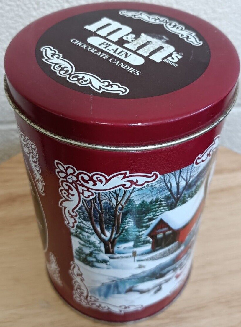 M&M’s Holiday Tin Can, 90\'s Collectible Winter Scene Candy Container - Vintage