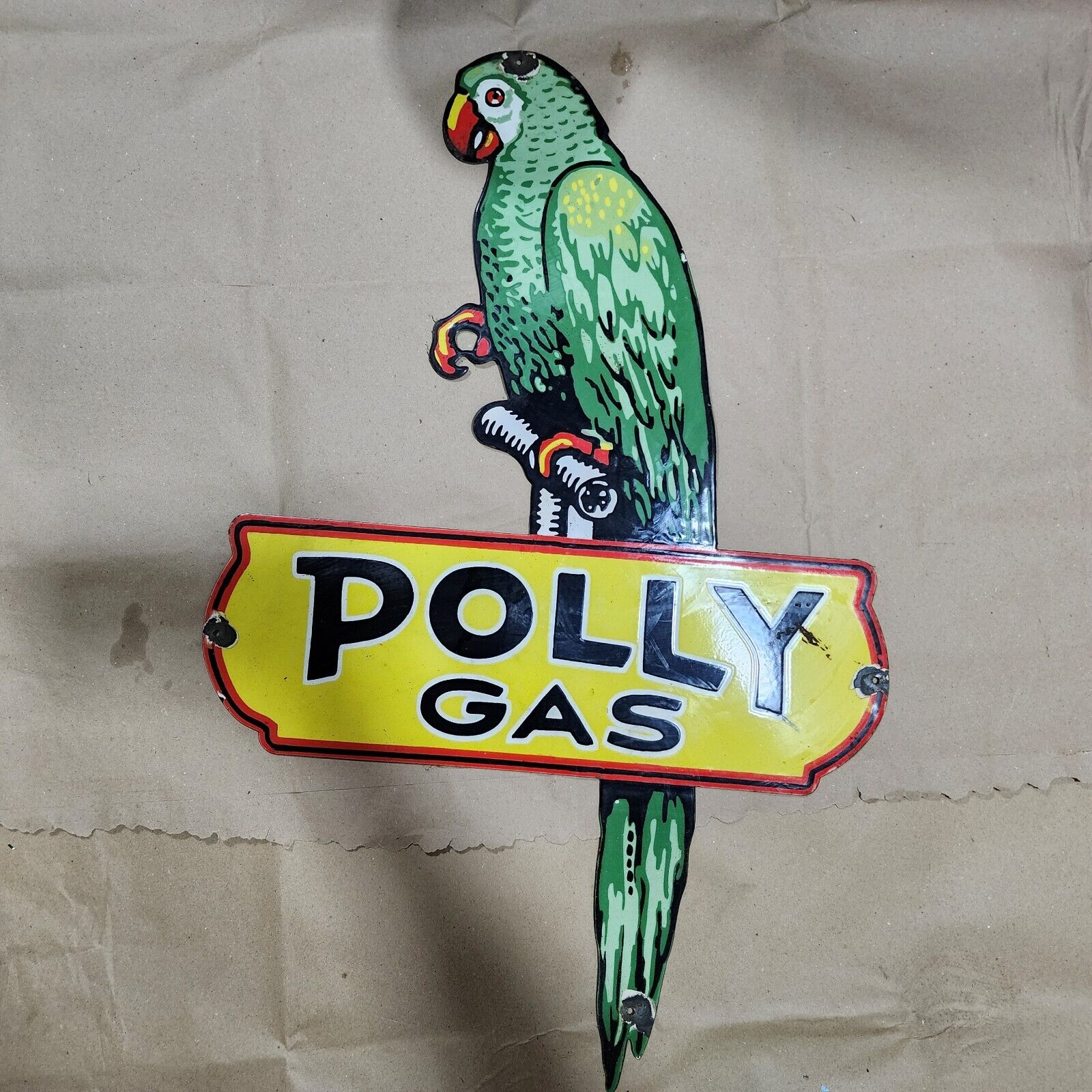 POLLY GAS PARROT PORCELAIN ENAMEL SIGN 23 X 35 1/2 INCHES