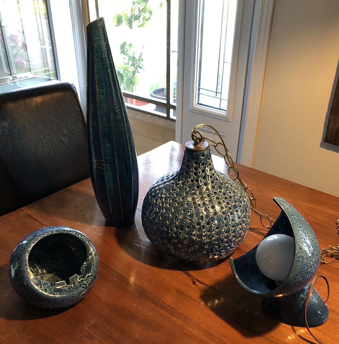 CHALVIGNAC Lot (3) VTG MCM Blue Lamps & Ashtray Suspended Table Ceramic + 1 Vase