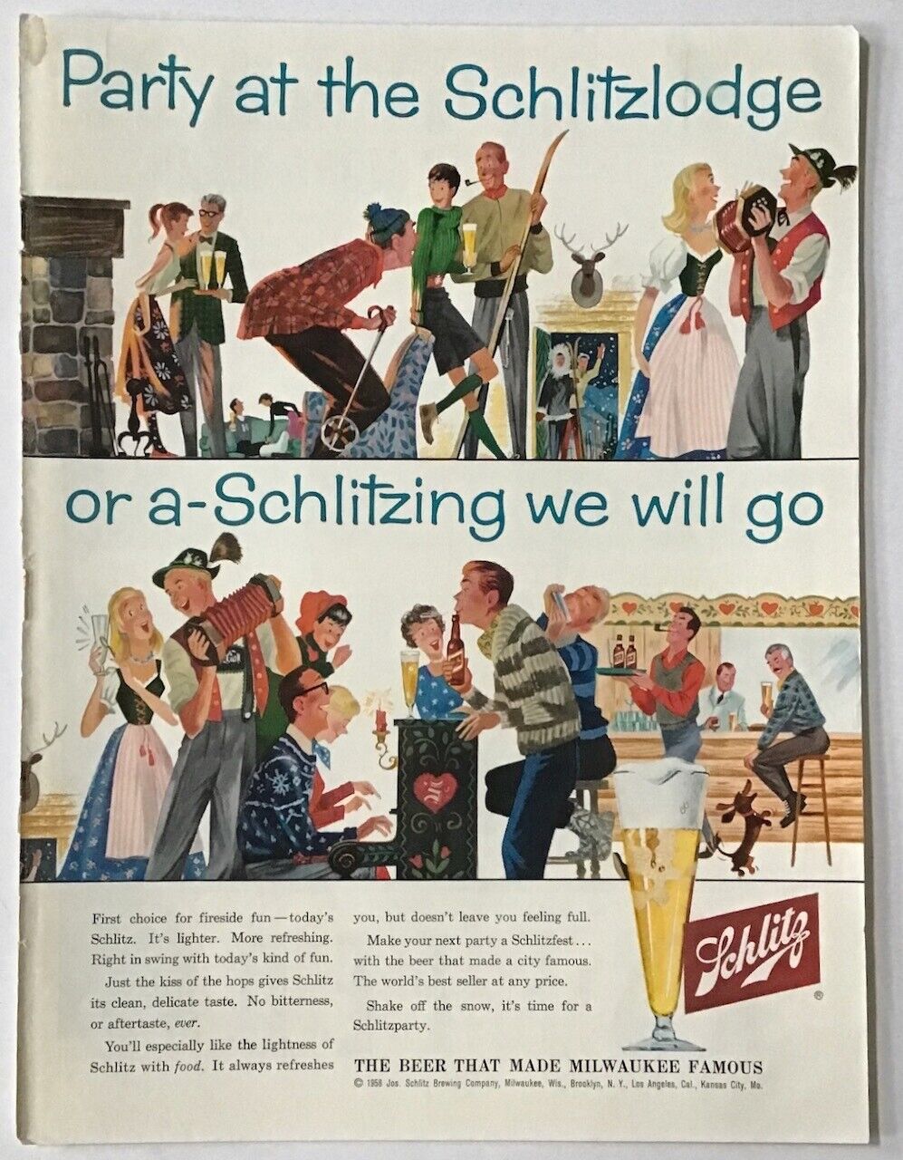 1958 magazine ad for Schlitz -Party at the Schlitzlodge, A Schlitzing we will go