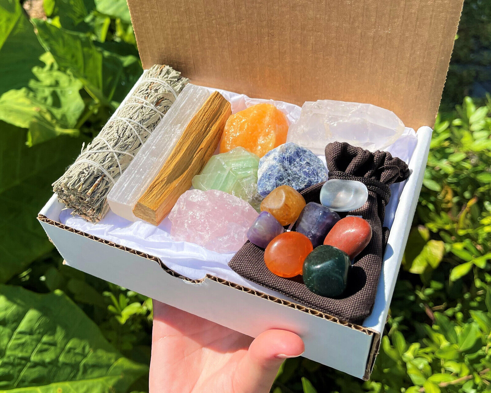 Crystal Healing & Cleansing Kit, 15 pcs Box: Stones, Smudge, Palo & Directions