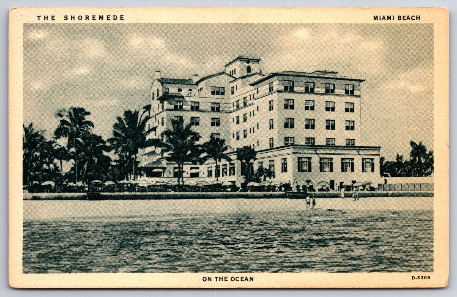 Miami Beach Florida~Shoremede Hotel on the Ocean~Folks on Beach~1940s B&W PC