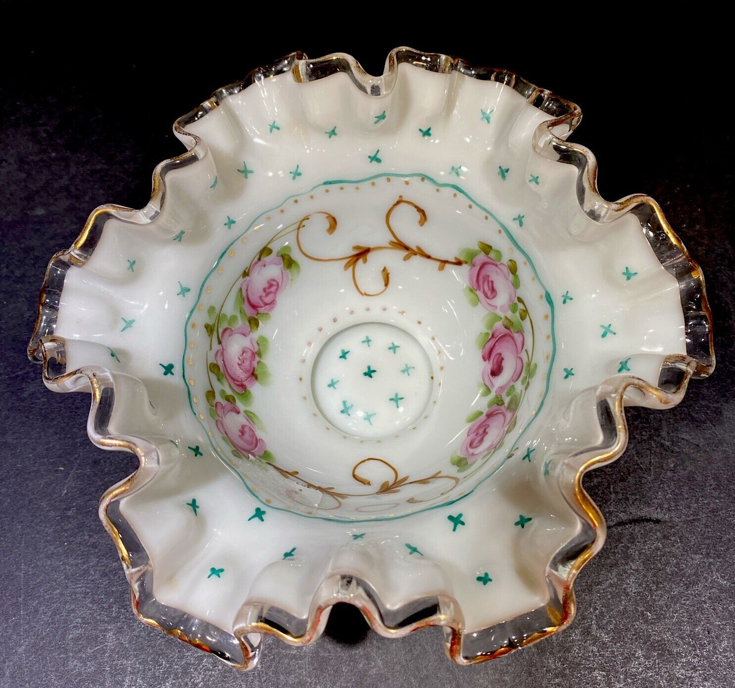 Vintage Fenton Milk Glass Ruffled Candy Dish Bowl Charleton Decorating Rose