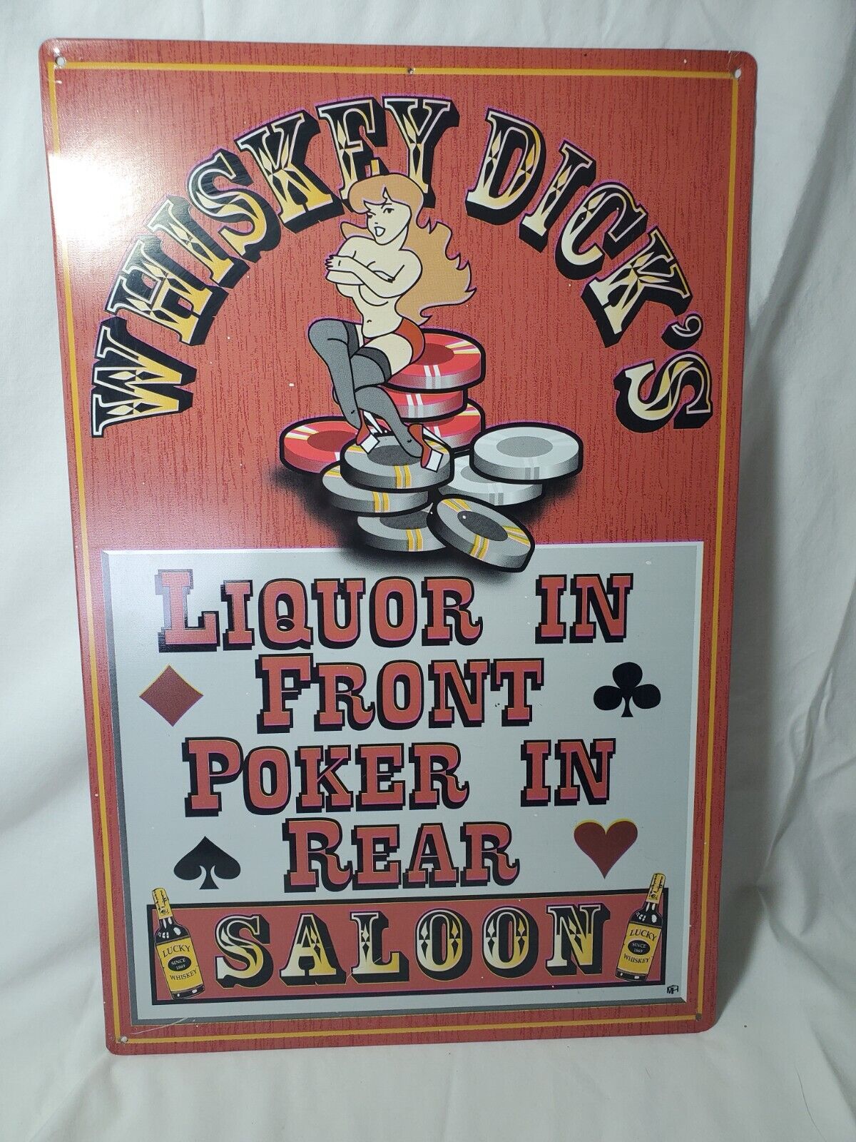 Whiskey Dick\'s Saloon Liquor In Front Poker In Rear Metal Sign Retro 