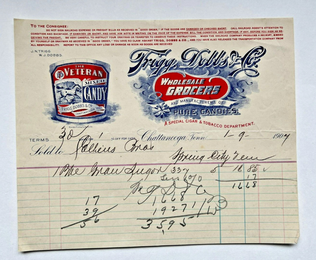 1904 Antique Receipt Document Veteran Candy, Trigg & Dobbs Co. Chattanooga TN