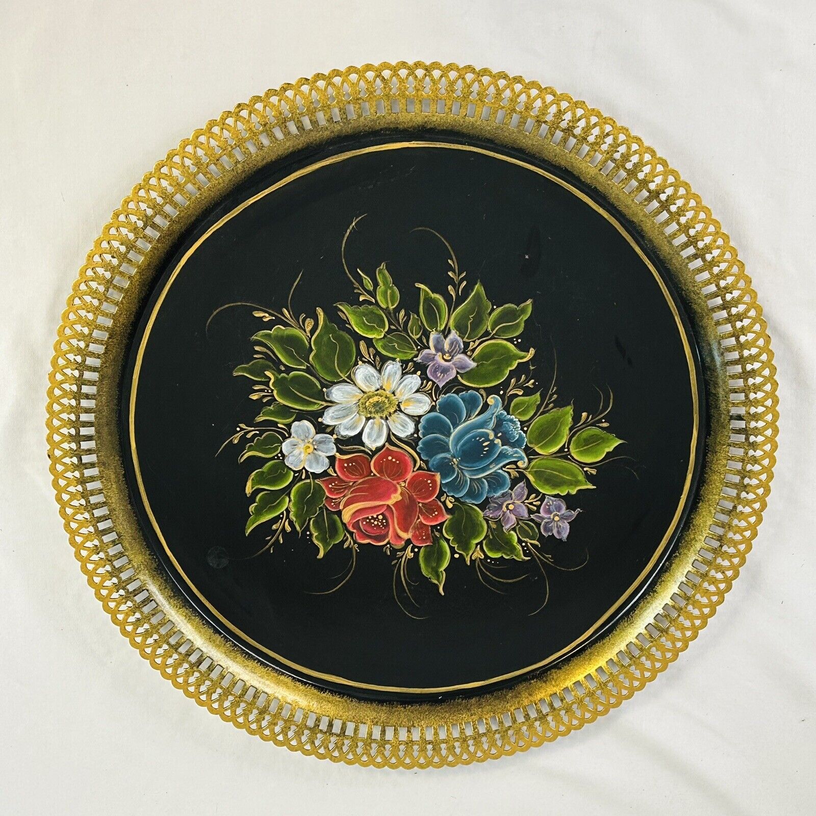 Vintage Hand Painted Round Floral Metal Tray Reticulated Pierced Edge 15.25\