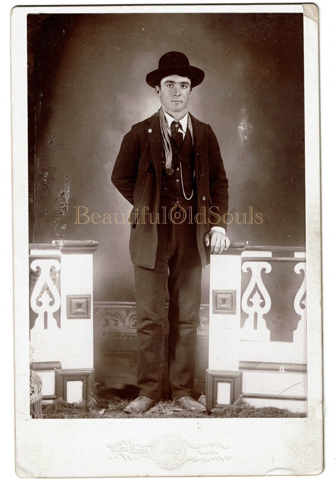 Antique Cabinet Card Photograph Handsome Young Man Cowboy Hat Glen Elder KS
