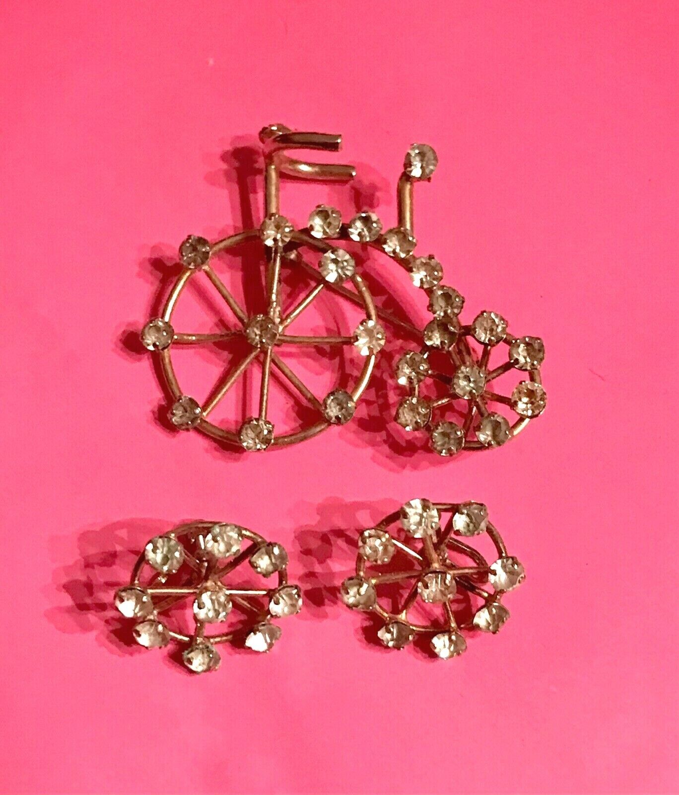 Vtg STERLING SILVER Penny Farthing Bicycle Pin Brooch w/Spoke Wheel Earrings Set