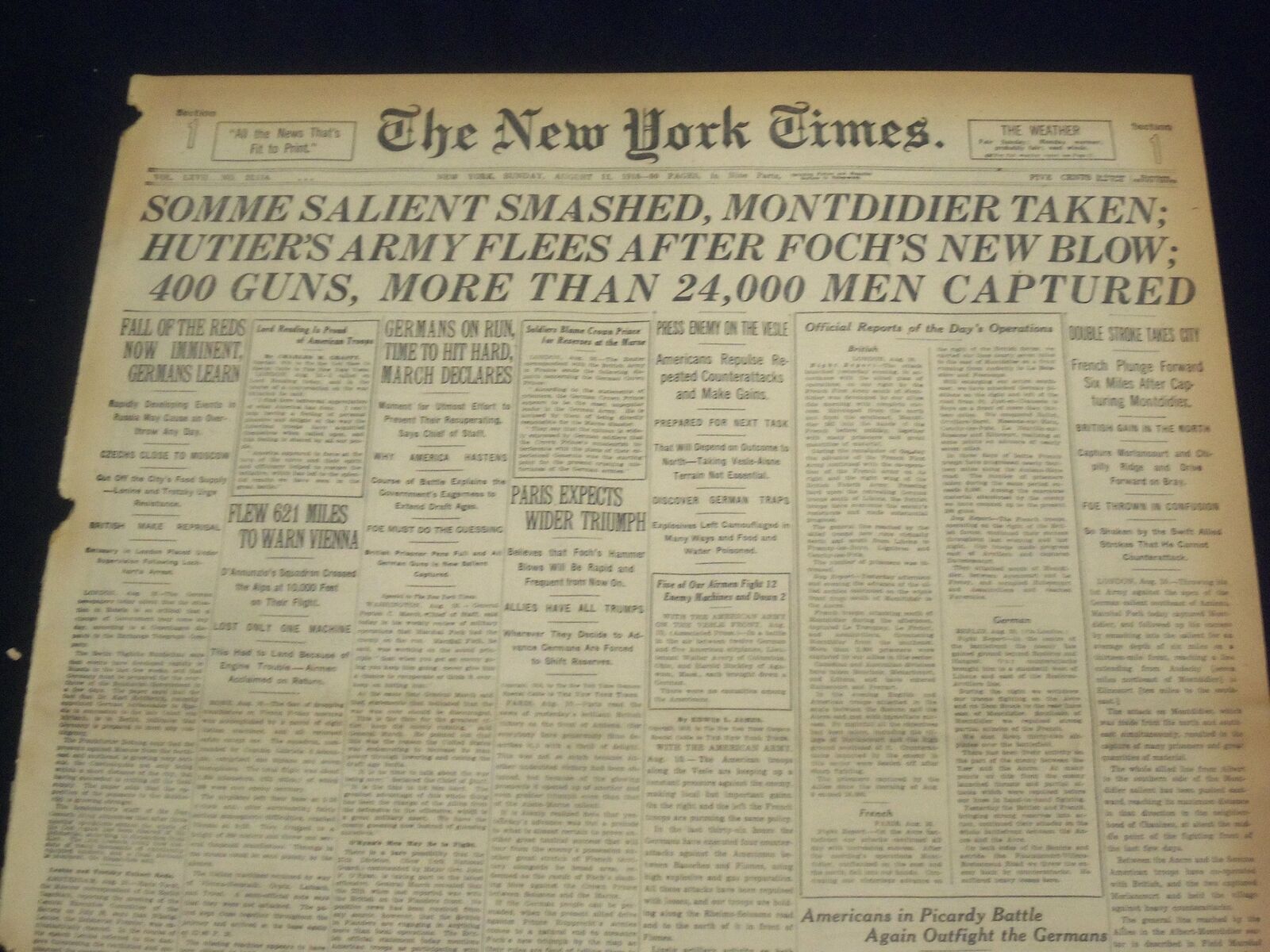 1918 AUGUST 11 NEW YORK TIMES - SOMME SALIENT SMASHED, MONTDIDIER TAKEN- NT 9191