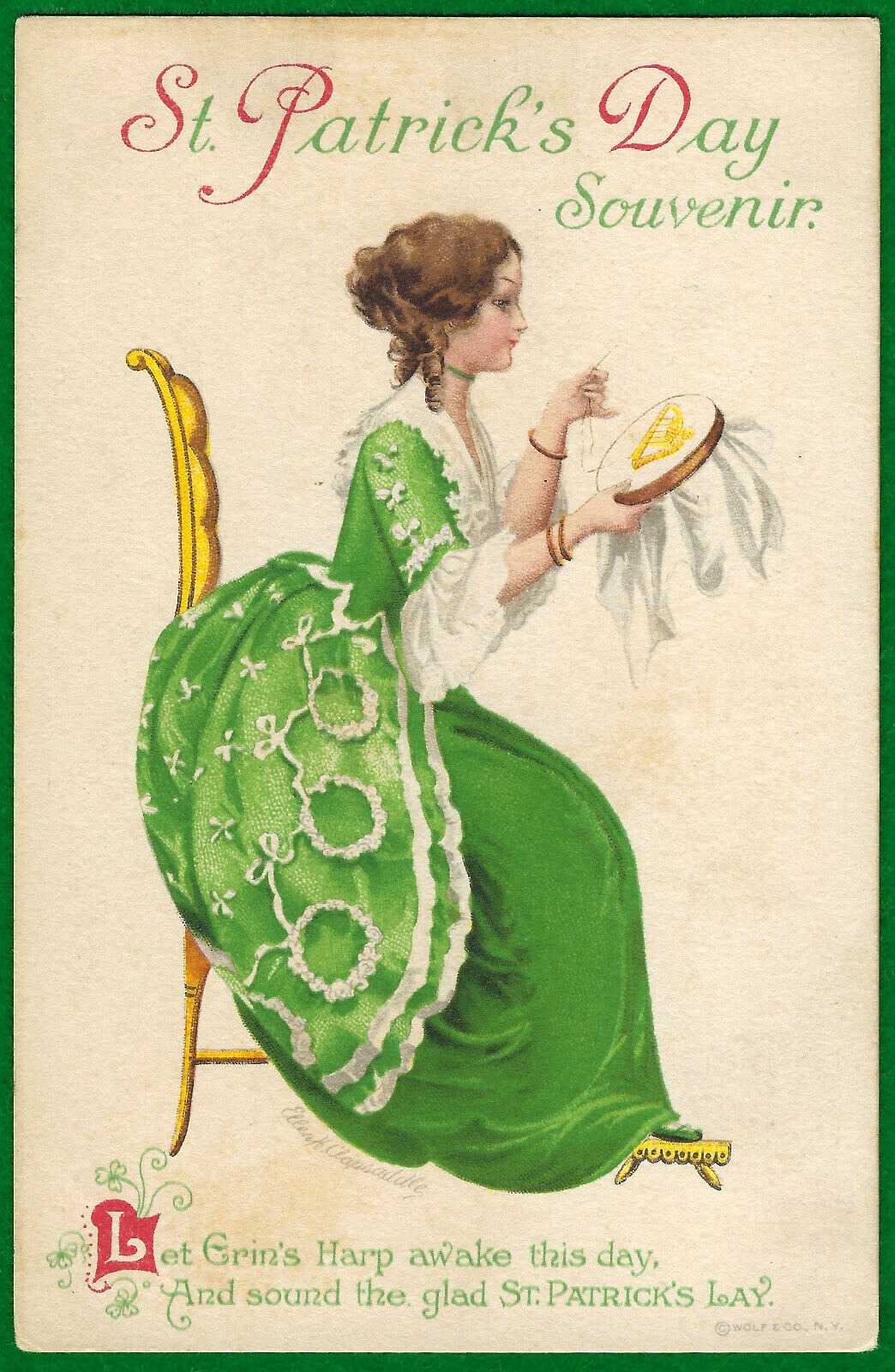 Clapsaddle St Patricks Day Lady Needlework Harp Green Dress A/S PC Vtg c1915