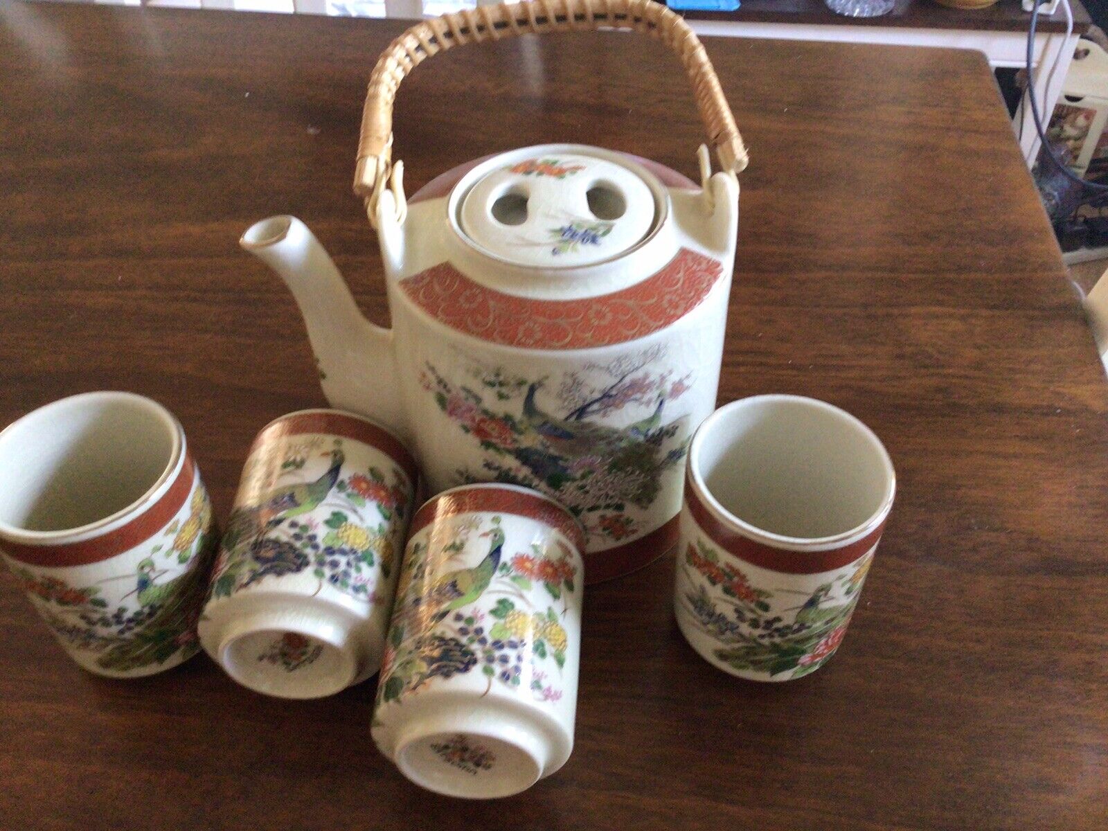 Vintage 1979 Satsuma Peacock Design Teapot With 4 Tea Cups Japanese Tea Set