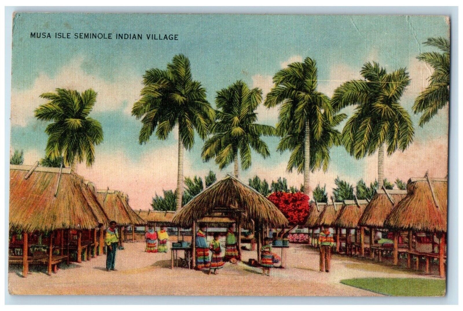 c1940\'s Musa Isle Seminole Indian Village Hut Palm Tree Miami FL Postcard
