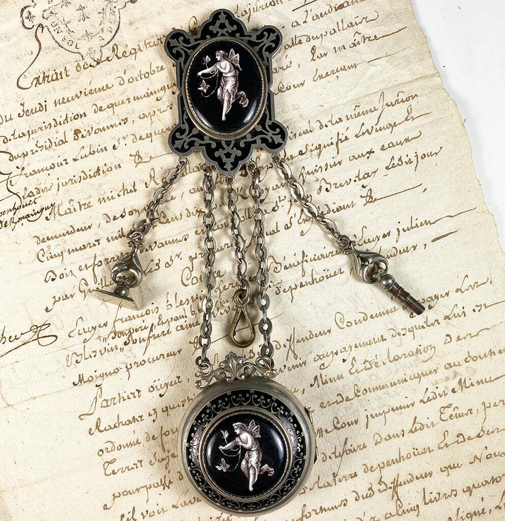 Antique Napoleon III French Kiln-fired Chatelaine Pocket Watch holder, Wax Seal