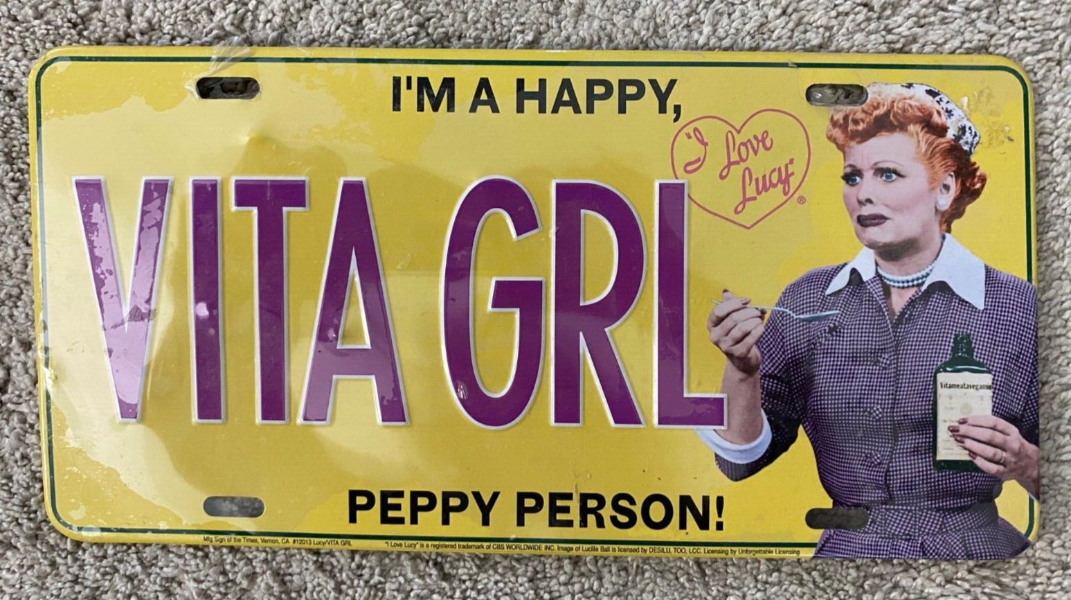 I Love Lucy I\'M A HAPPY VITA GIRL PEPPY PERSON License Plate Collectible EUC