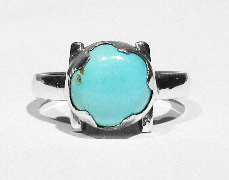 Vintage Signed Navajo Sky Blue Persian Turquoise 925 Silver Crown Bezeled Ring 9