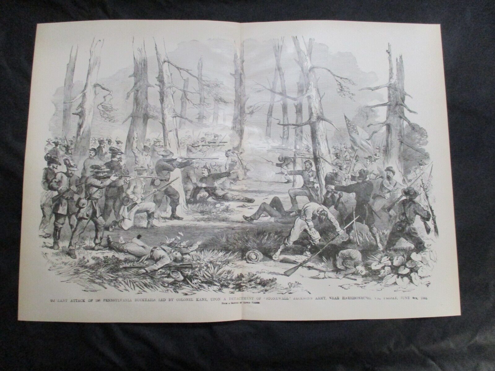1885 Civil War Print - Stonewall Jackson's Army Attacked by Penn. Bucktails 1862