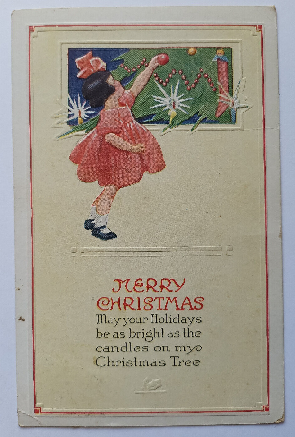 Vintage 1926 Christmas Girl Decorating Tree Ornaments Christmas Posted Postcard