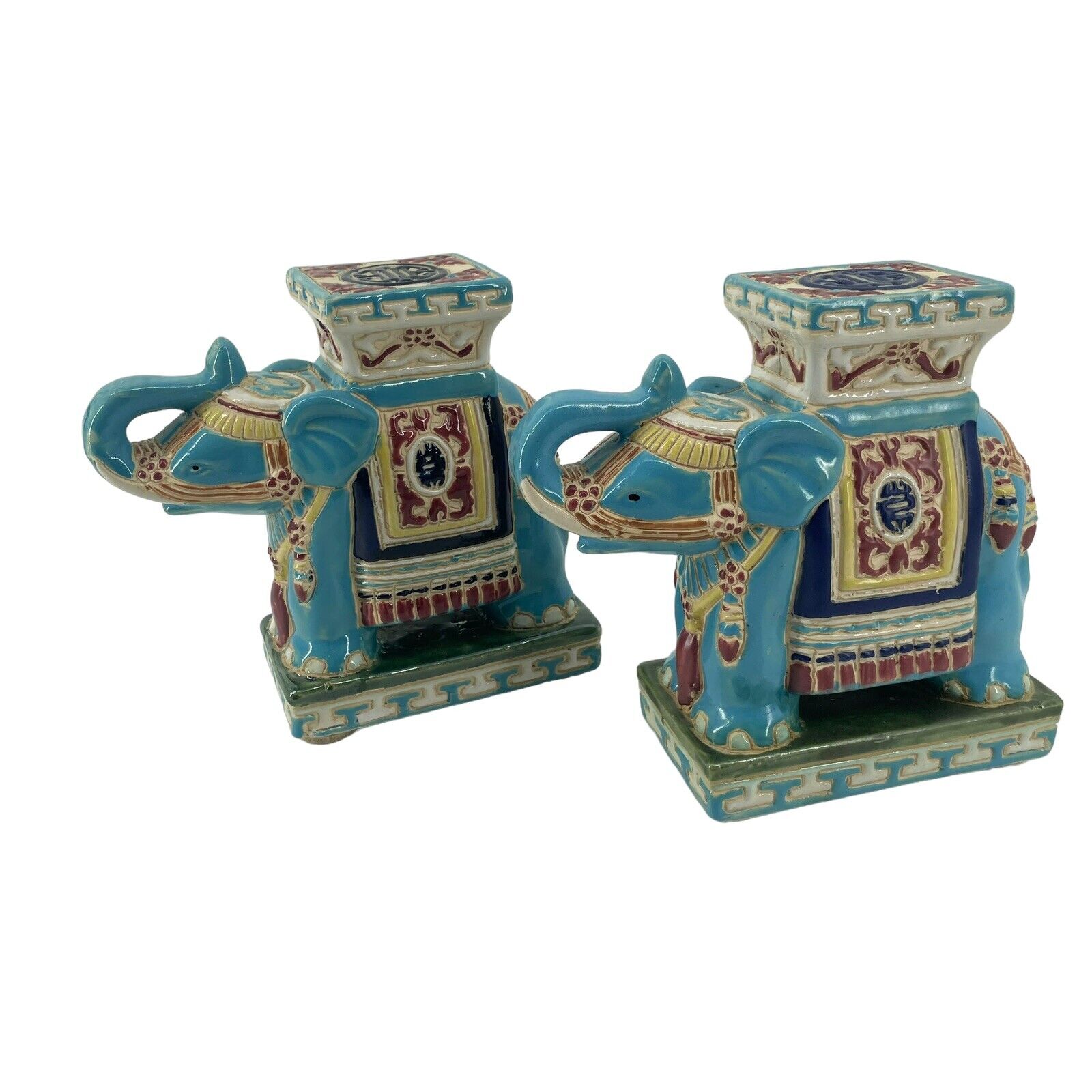 Pair Elephant Ceramic Bookends Plant Holder Made in Vietnam Trunk Up Luck Decor