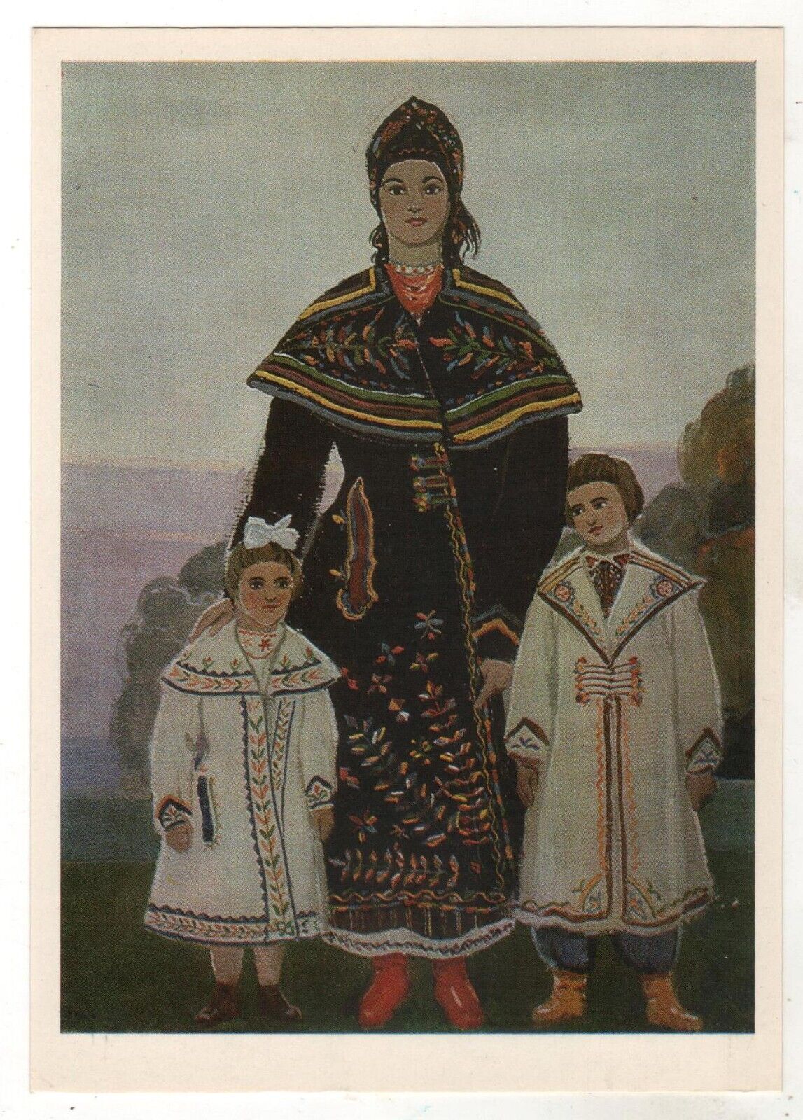 1990 UKRAINIAN types Young mother Сhildren national clothes Ukraine postcard OLD