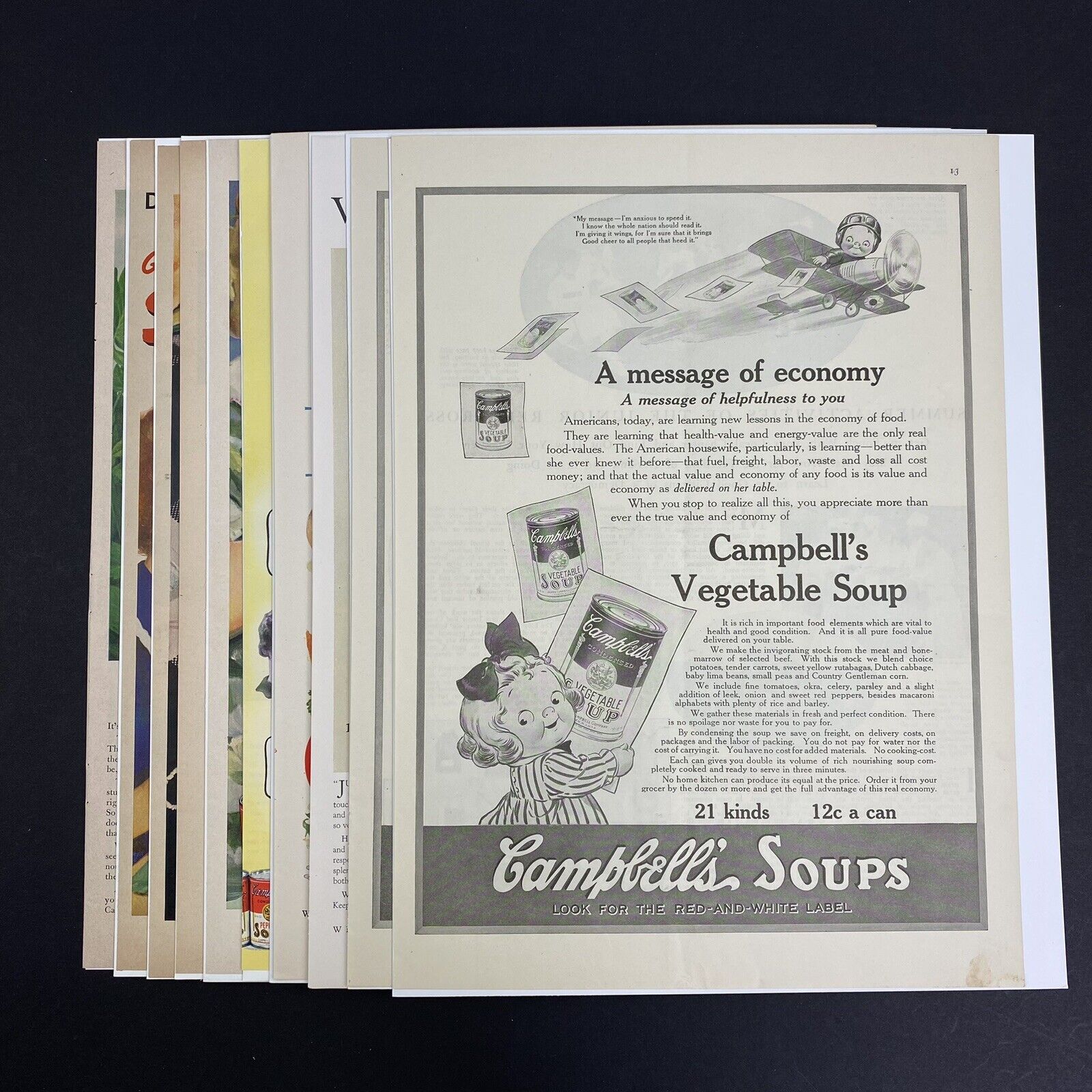 Vintage 1918 - 1955 Campbell\'s Soup & Juice Print Ads Lot of 10 - READ