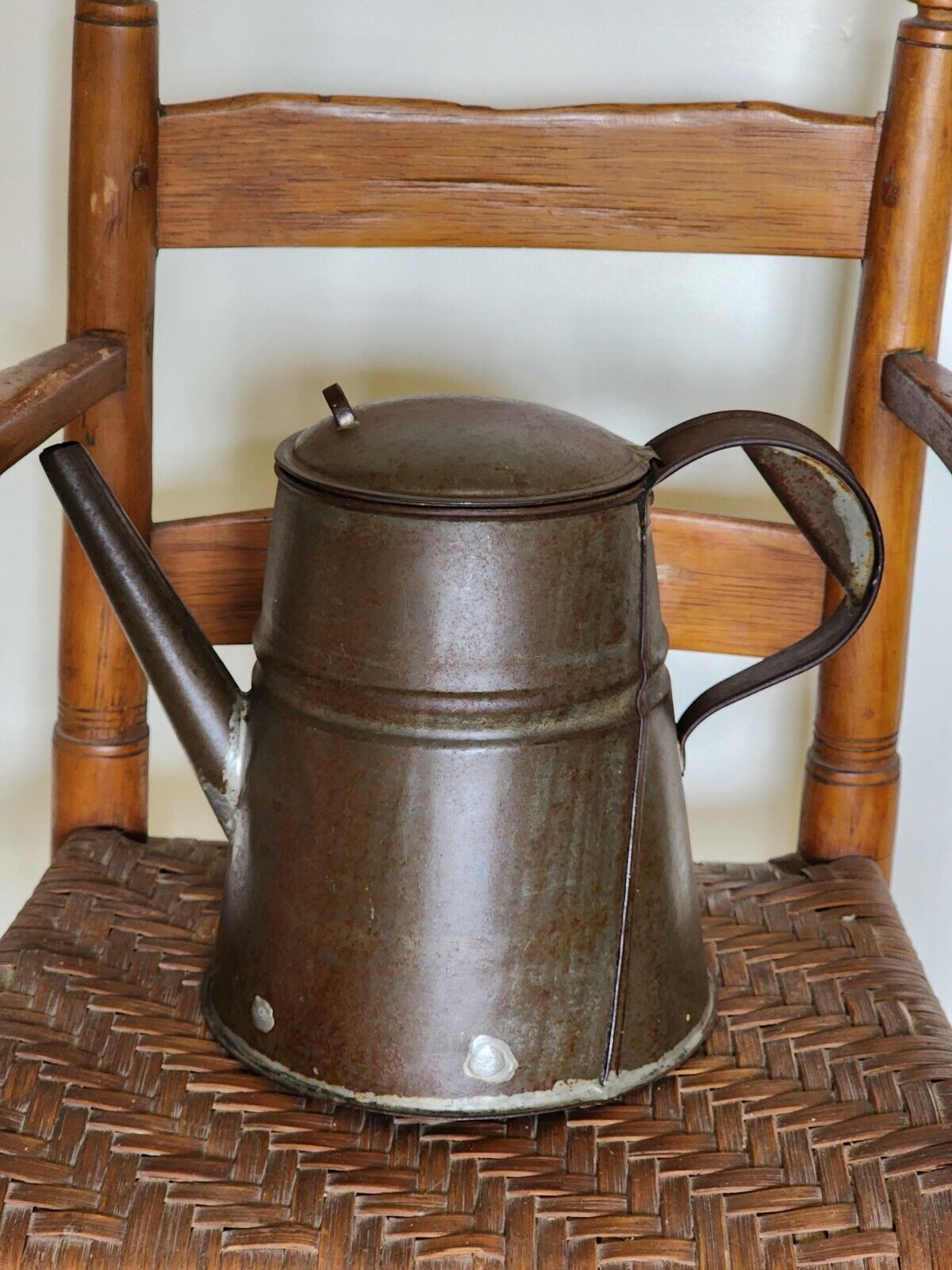 Civil War Primitive Coffee Pot Metal Tin. Rustic. Size 9” Tall. 7” Base. Repairs