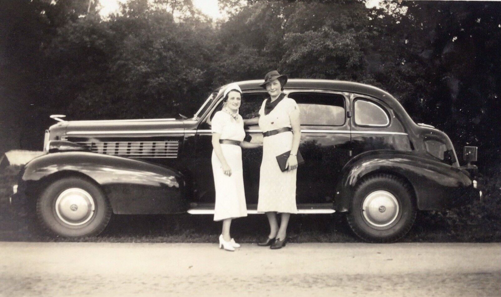 1940’s Vintage PHOTO Two Ladies Stand By Impressive Automobile