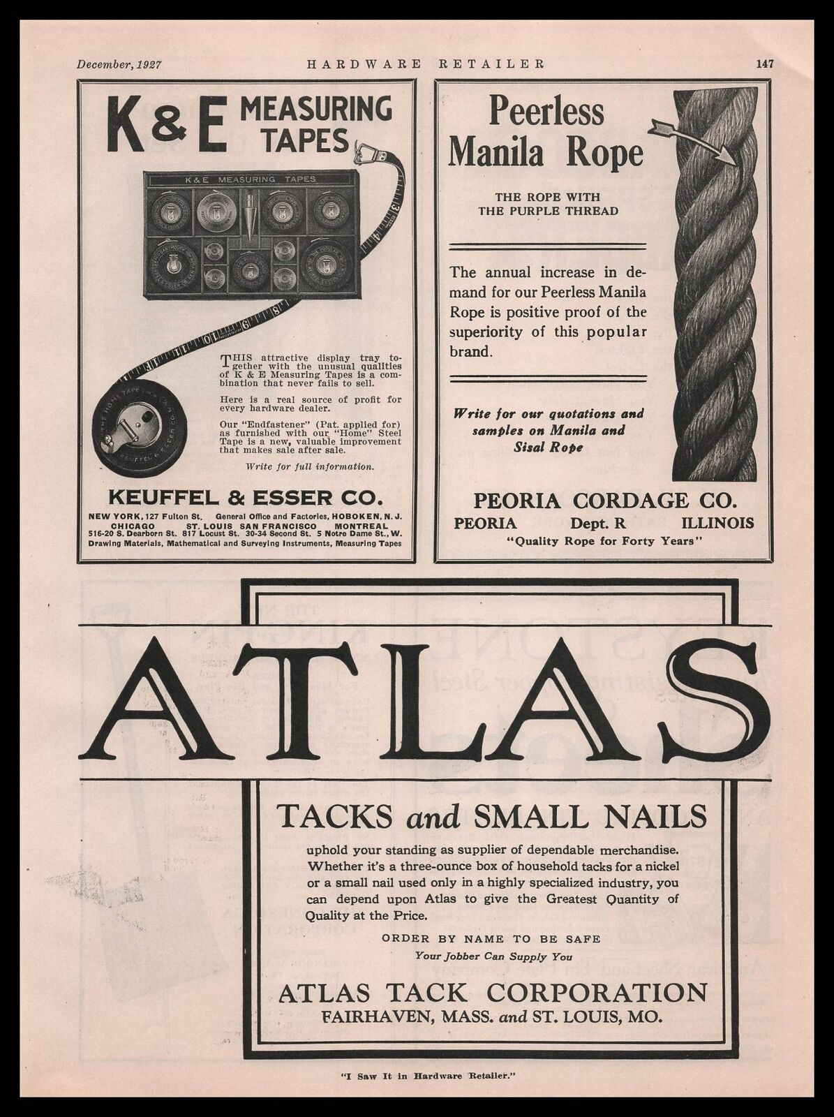 1927 Atlas Tack Corp. Fairhaven Massachusetts & St Louis MO Small Nails Print Ad