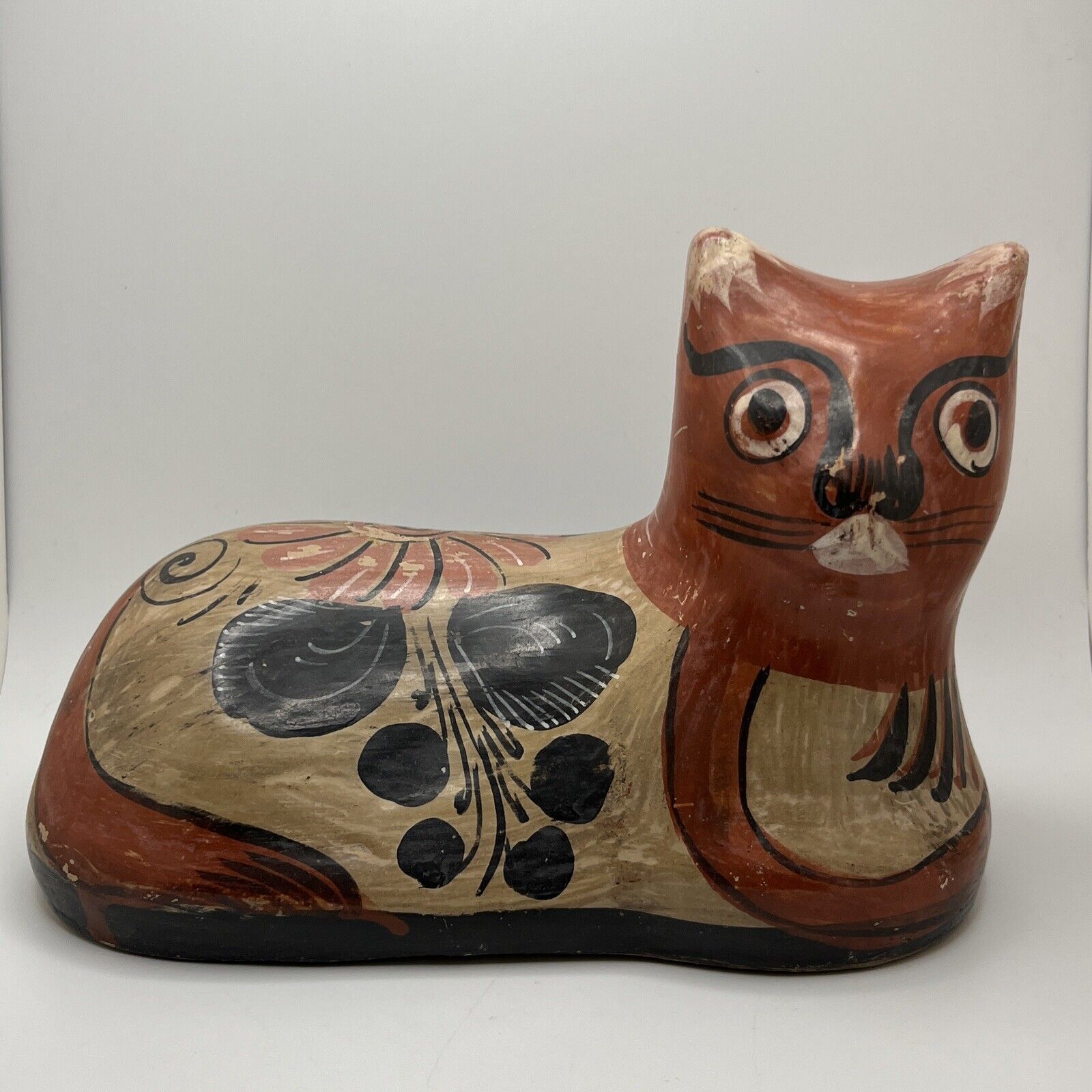 Vintage Mexican Folk Art Ceramic Cat - Tonala Mexican Folk Art Pottery Lying Cat