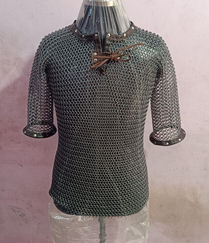 Half Sleeve Chainmail Shirt Mild Steel Butted Leather Trim Armor Medieval Costum