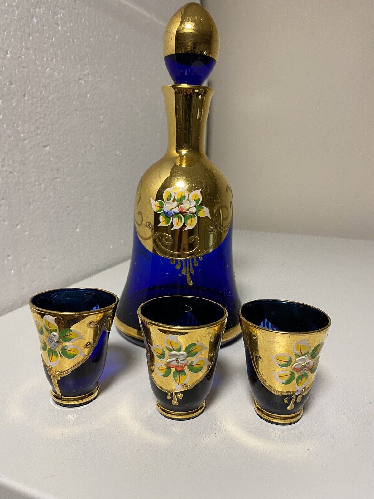 Italian Cobalt Blue & Gold Glass Liqueur Set with Applied Flowers. 