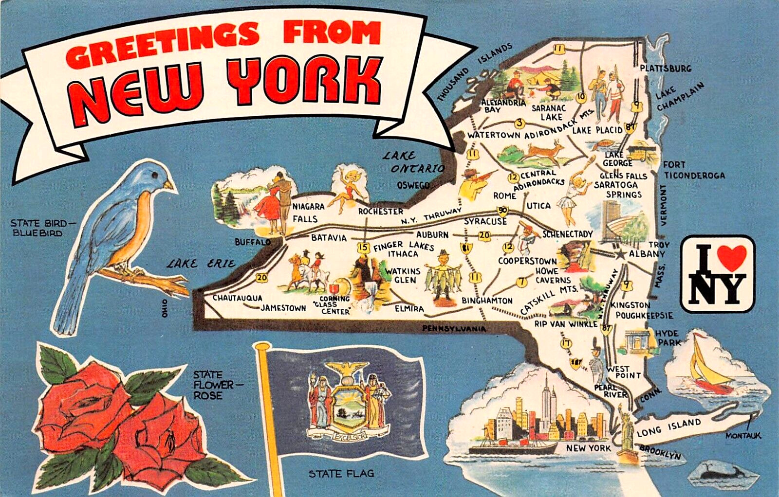 New York State Map West Point Binghamton Long Island Utica Vtg Postcard B54