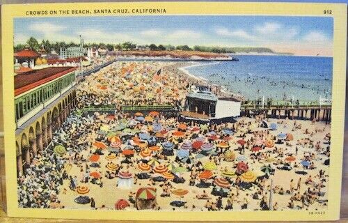 California Postcard SANTA CRUZ Crowds Beach Boardwak Concert Stage 1940s Piltz