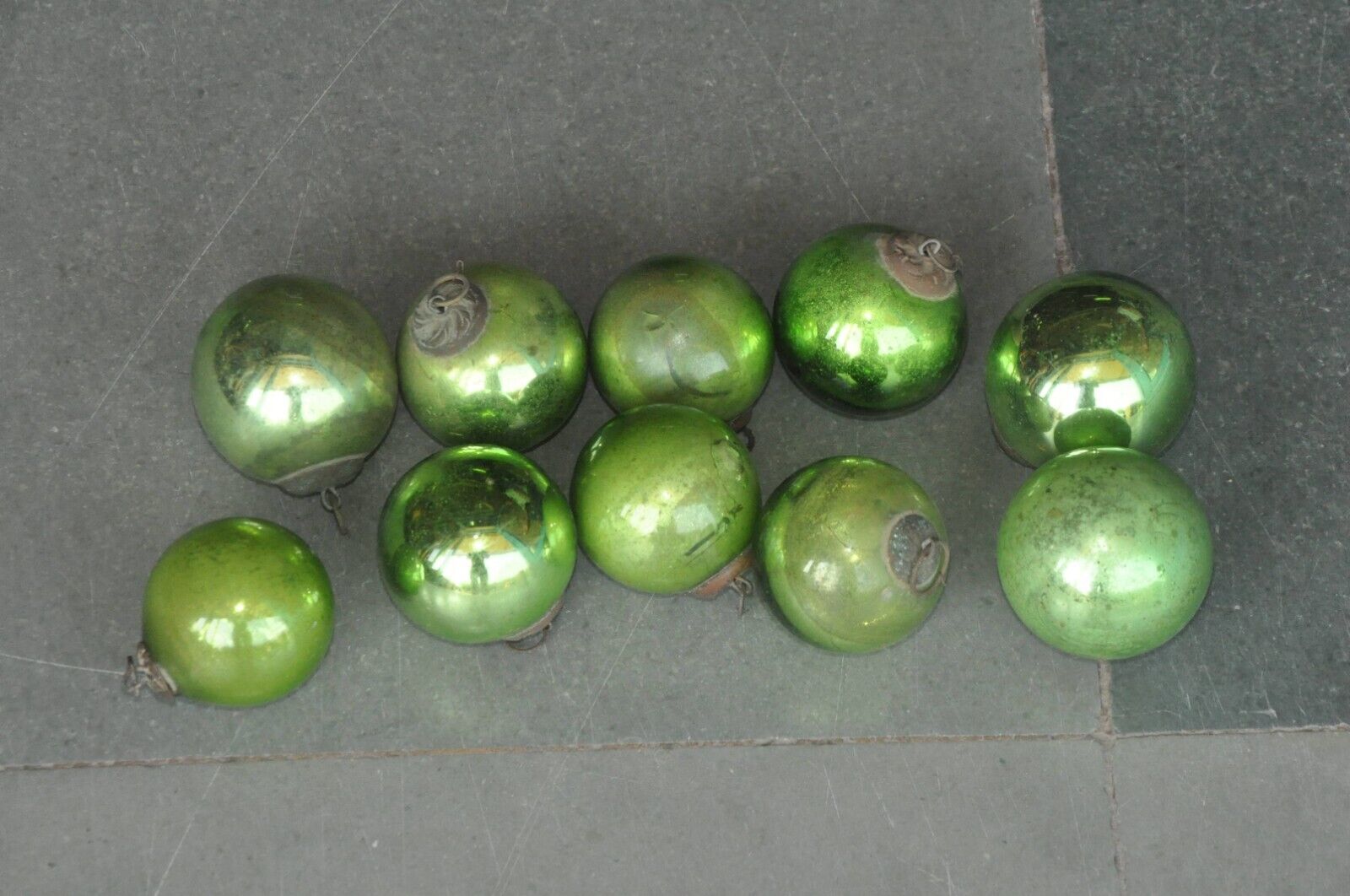 10 Pc Vintage Green 2'' Original Heavy German Glass Kugels / Ornament