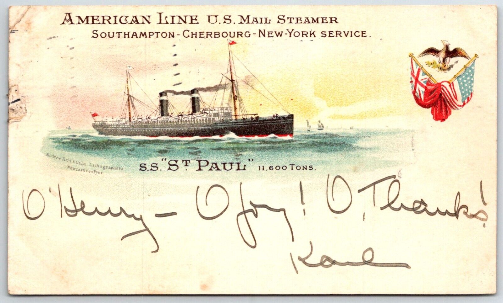 American Line U.S. Mail Steamer - SS St. Paul - PMC Private Mailing Card c1906