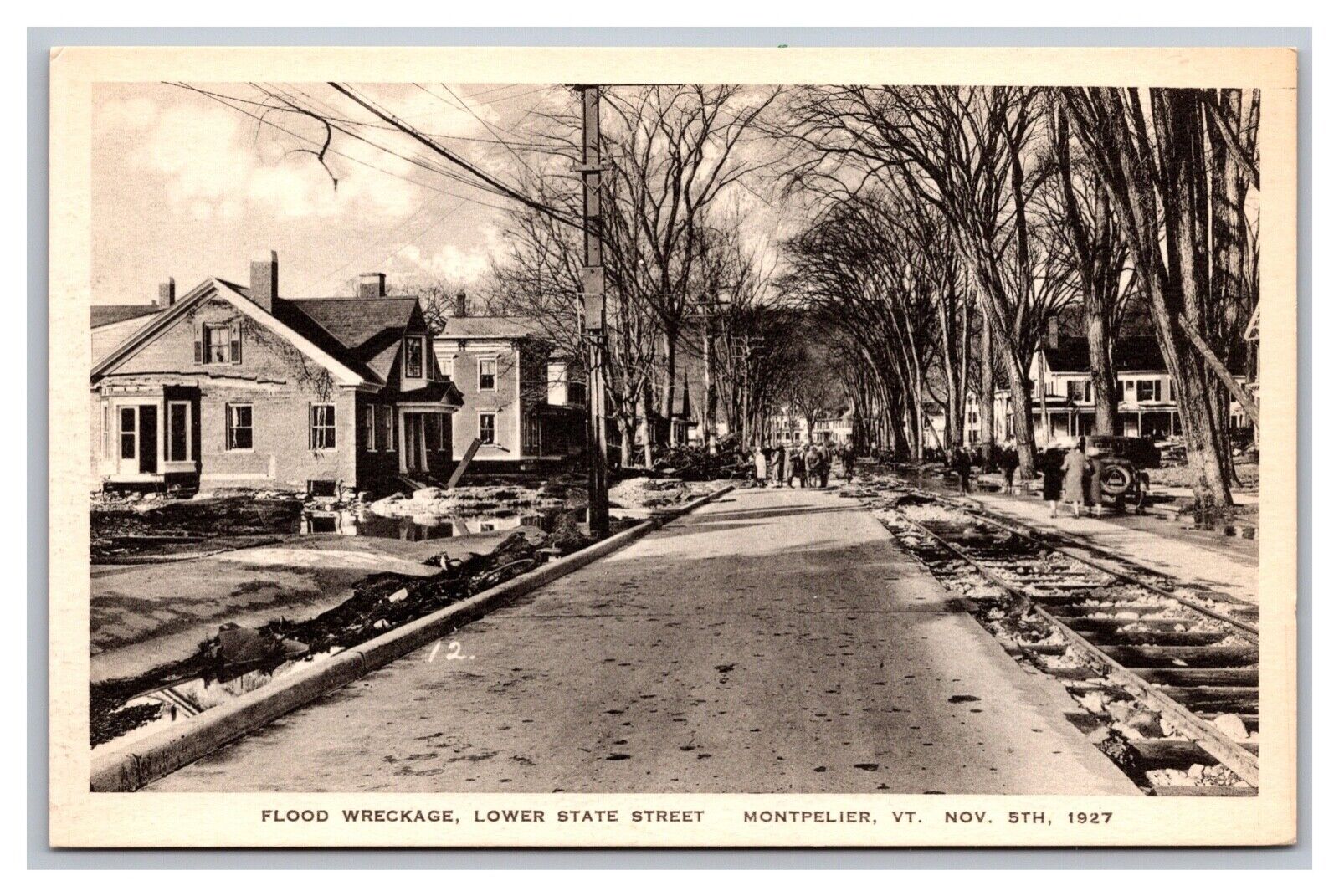 Montpelier, VT Vermont, Flood Wreckage, State St. Vintage White Border Postcard 