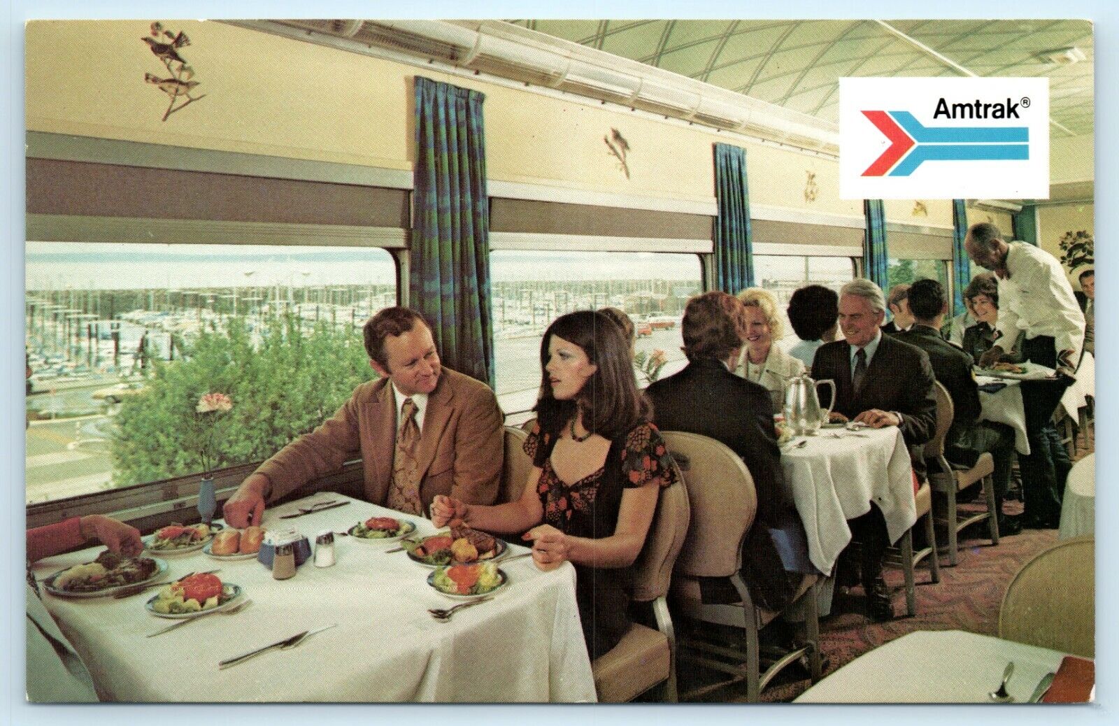 POSTCARD Amtrak Deluxe Dining Car Passenger Train Full Meals Served Railroad