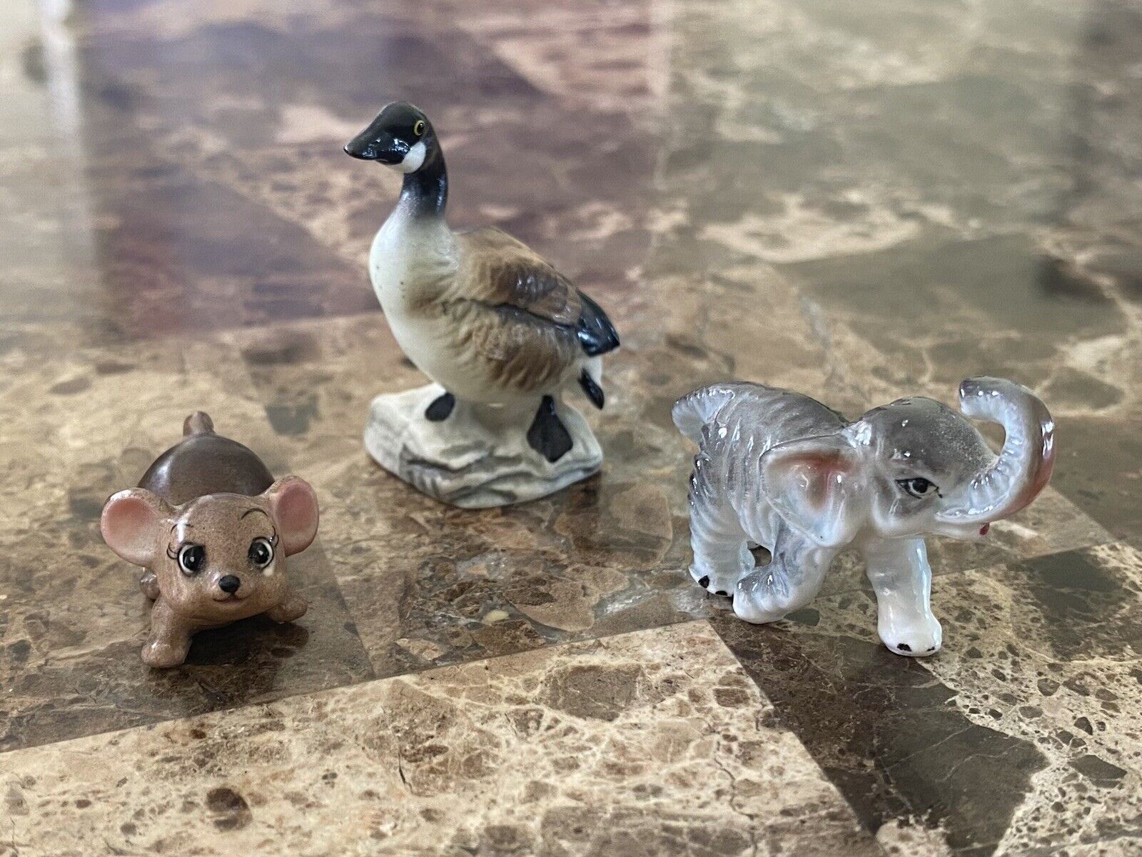 3 vintage miniature animal figurines elephant goose mouse porcelain ceramic lot