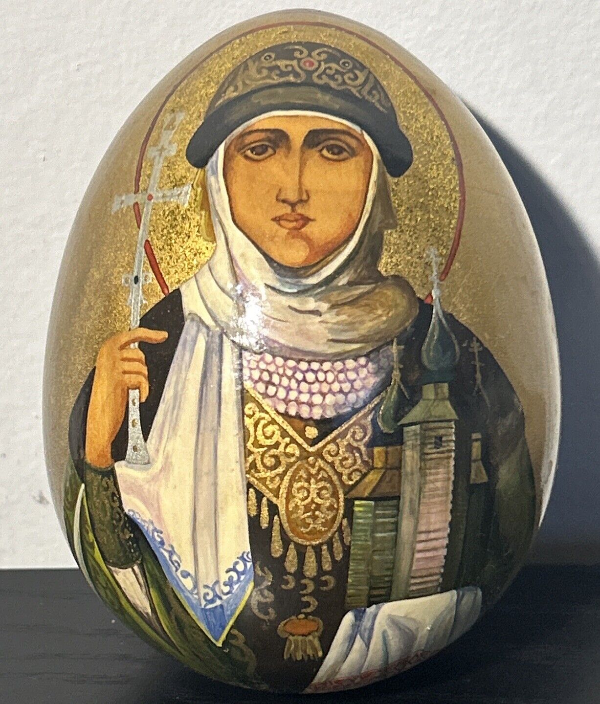 VTG Russian Orthodox Handpainted Lacquer Enamel Wood Egg