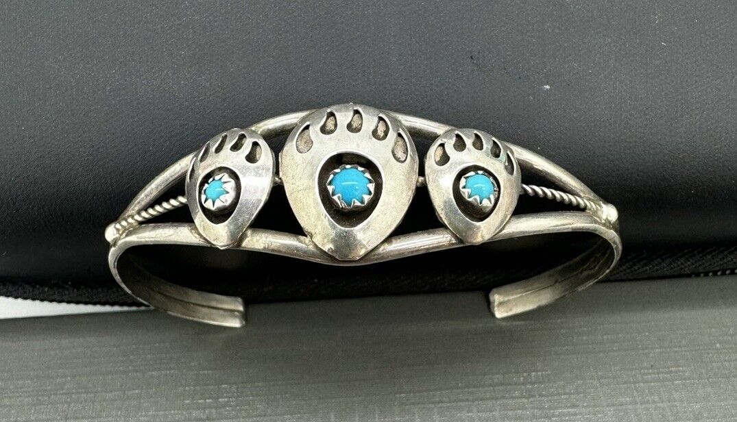 Sterling Silver 925 Southwest Bear Paw  CUFF BRACELET Turquoise Native American